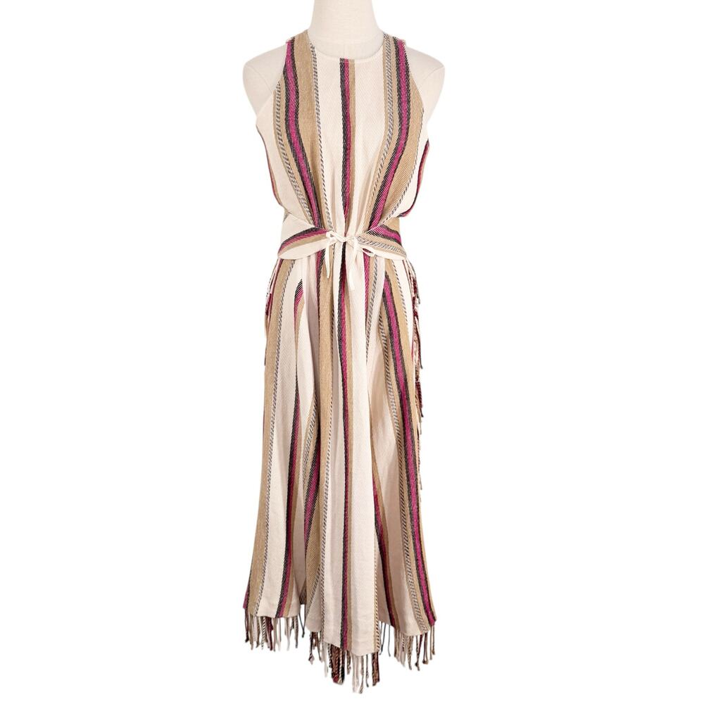 Ulla Johnson Caterina Maxi Dress Cream Linen Striped Cut Out Fringe Boho Size 6 - Picture 3 of 16